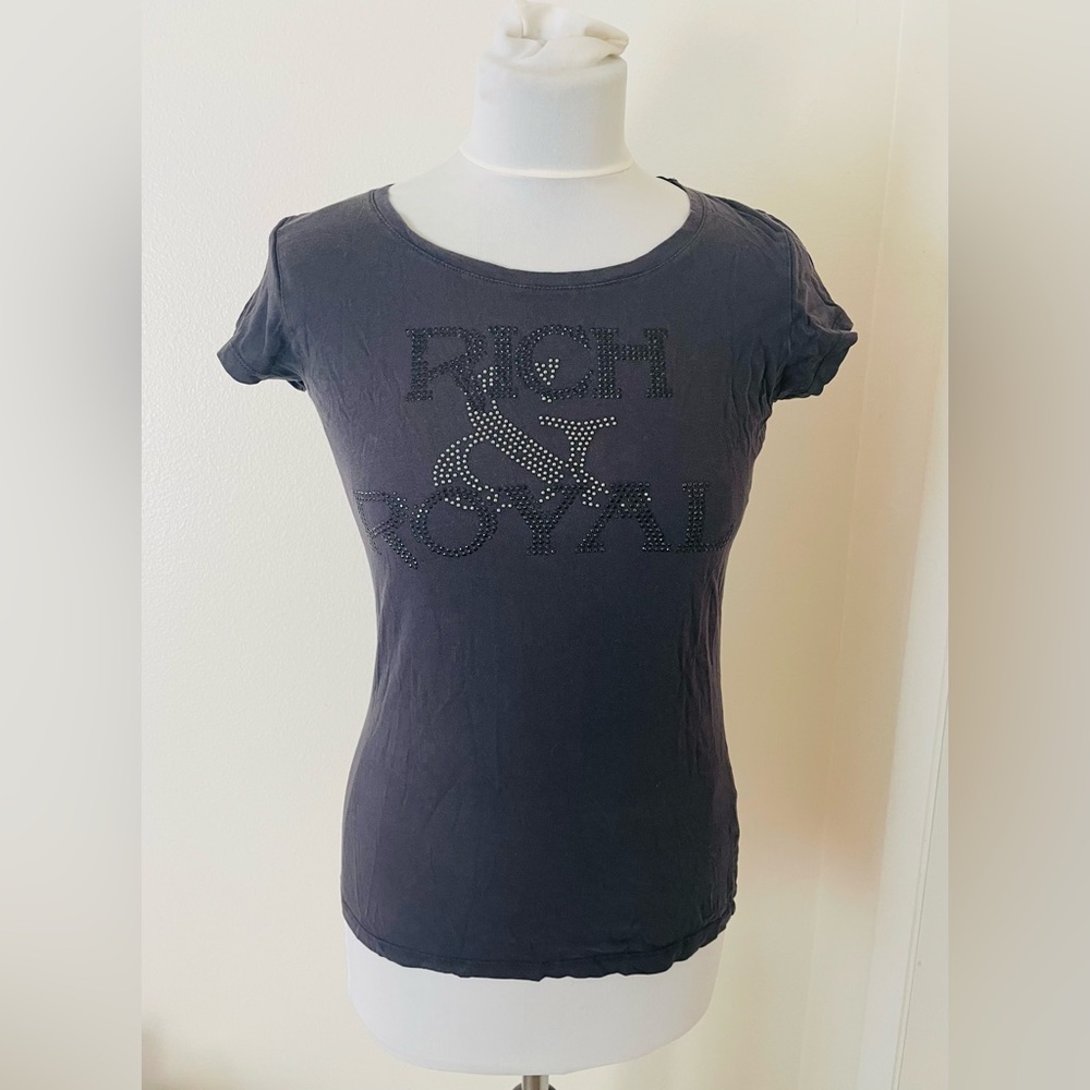 Rich & Royal Women T-Shirt M Gray Short Sleeves Beaded European Quite Luxury